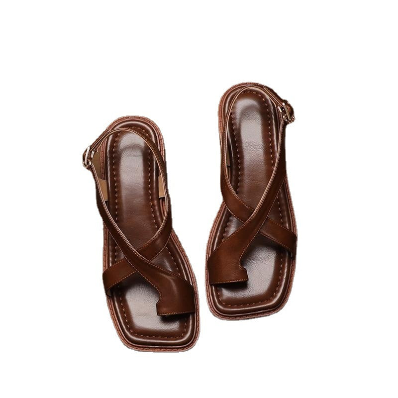 French Retro Brown Toe Ring Sandals
