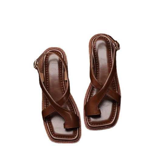 French Retro Brown Toe Ring Sandals