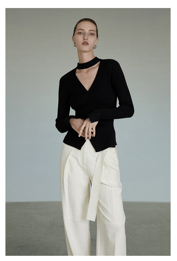 Women's Black V-neck Halterneck Sweater