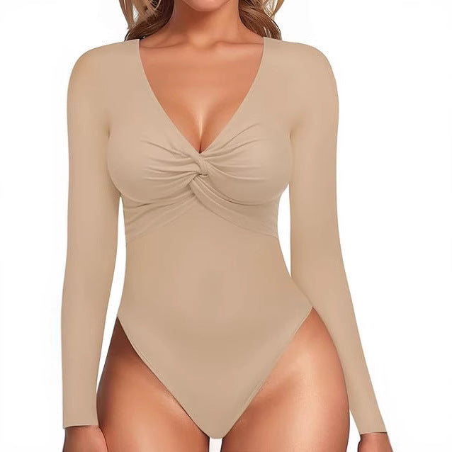 Deep V-neck Knot Slim-fit Long-sleeved Bottoming Women's Tight Jumpsuit