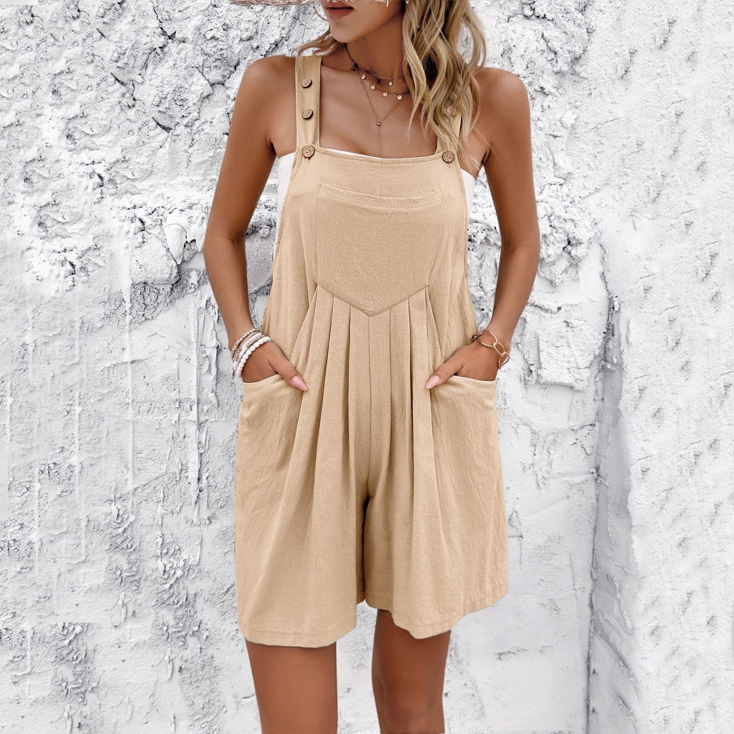 Casual-style Solid Color Suspenders Short Jumpsuit