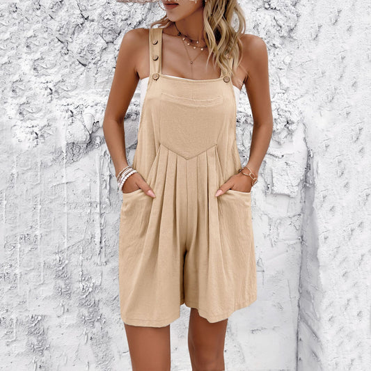 Casual-style Solid Color Suspenders Short Jumpsuit