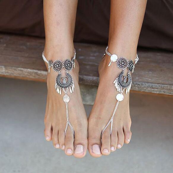 Bohemian Jewelry Antique Silver, Flower Chain Anklet, Beach Barefoot Sandal, Foot Jewelry