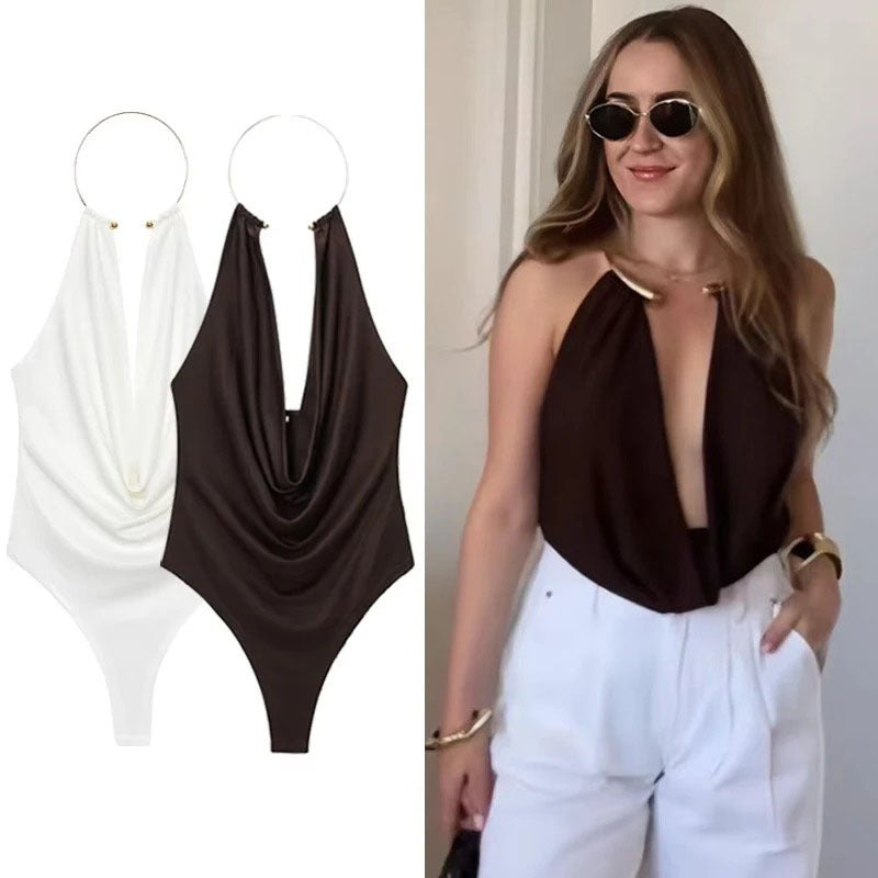 Backless Sexy Metal Halter Sleeveless Blouse