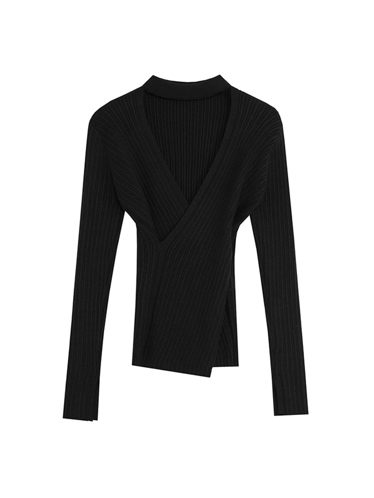 Women's Black V-neck Halterneck Sweater