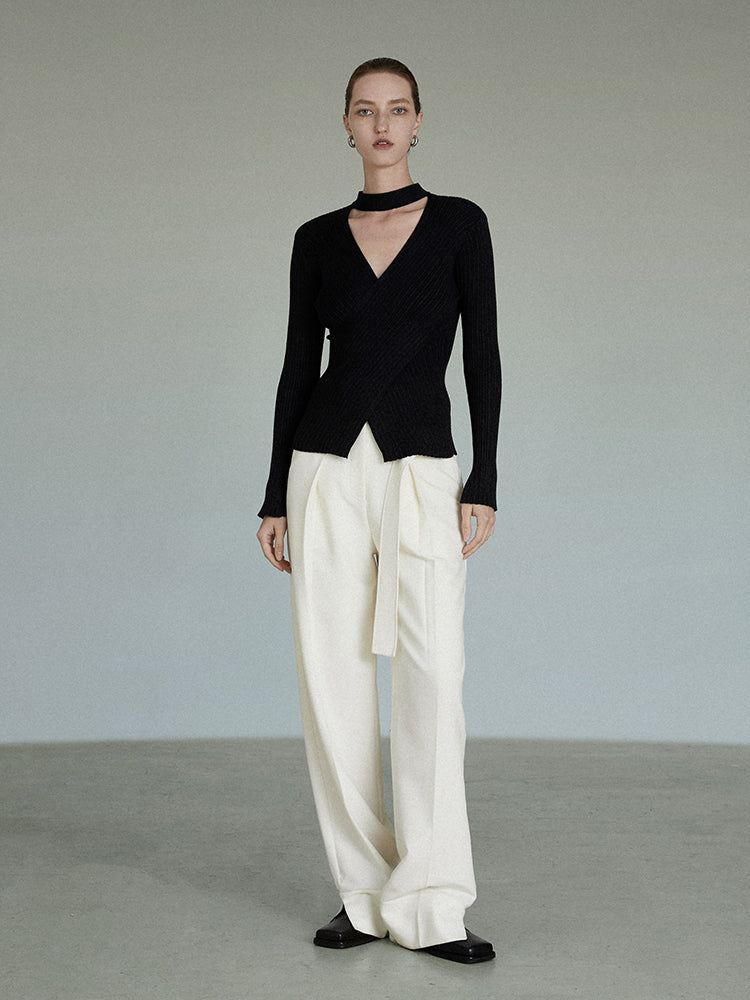 Women's Black V-neck Halterneck Sweater