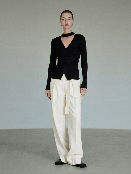 Women's Black V-neck Halterneck Sweater