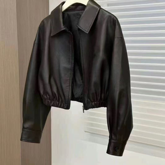 Black Soft Leather Square-neck Zip Leather Jacket