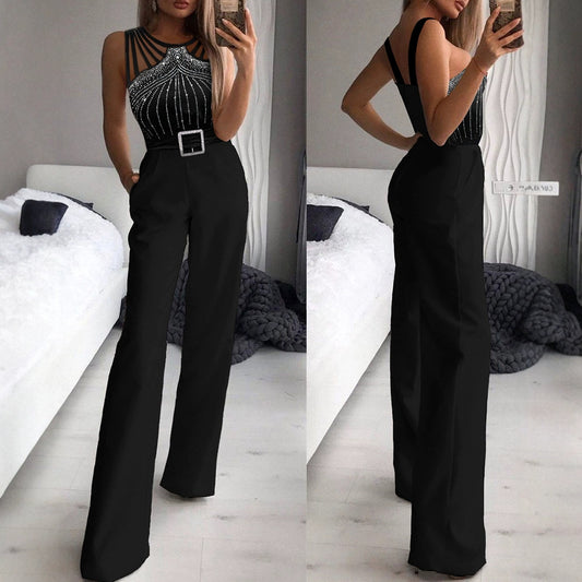 Rhinestone-embellished Strapless Sleeveless Waist-cinching Jumpsuit