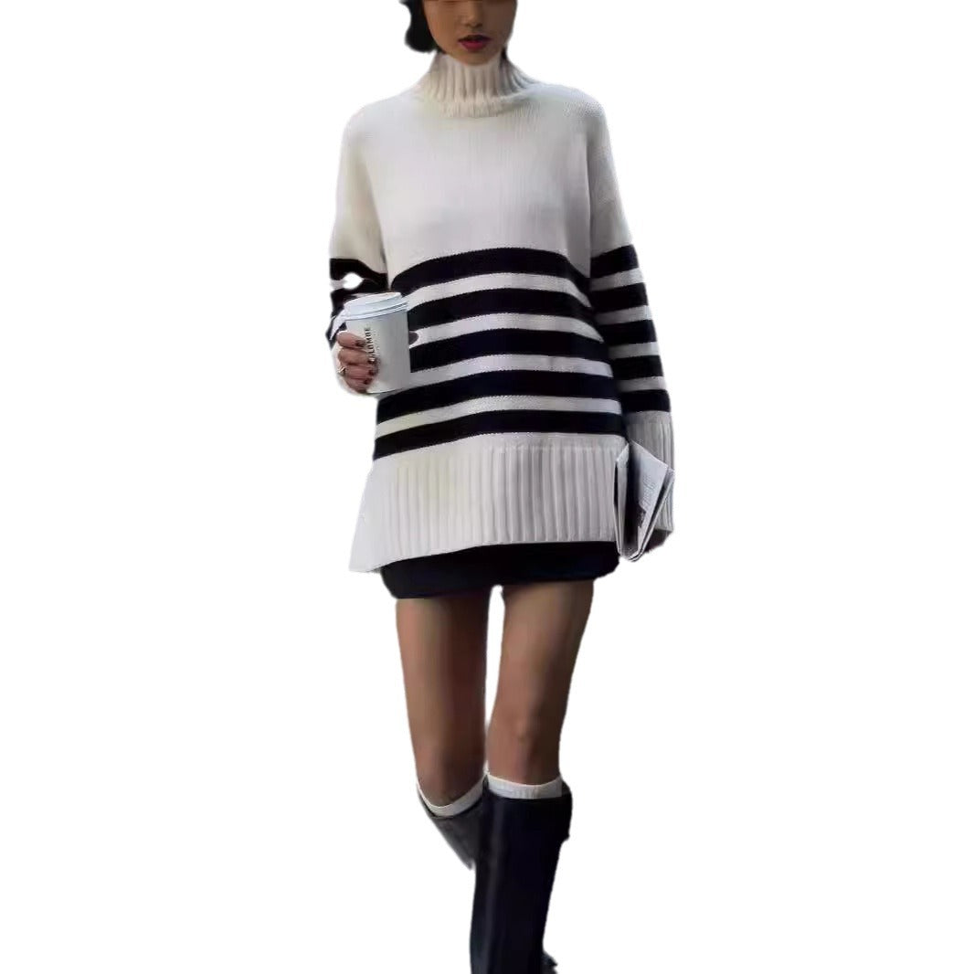 Women's Black And White Striped Turtleneck Sweater Mid-length Sweater
