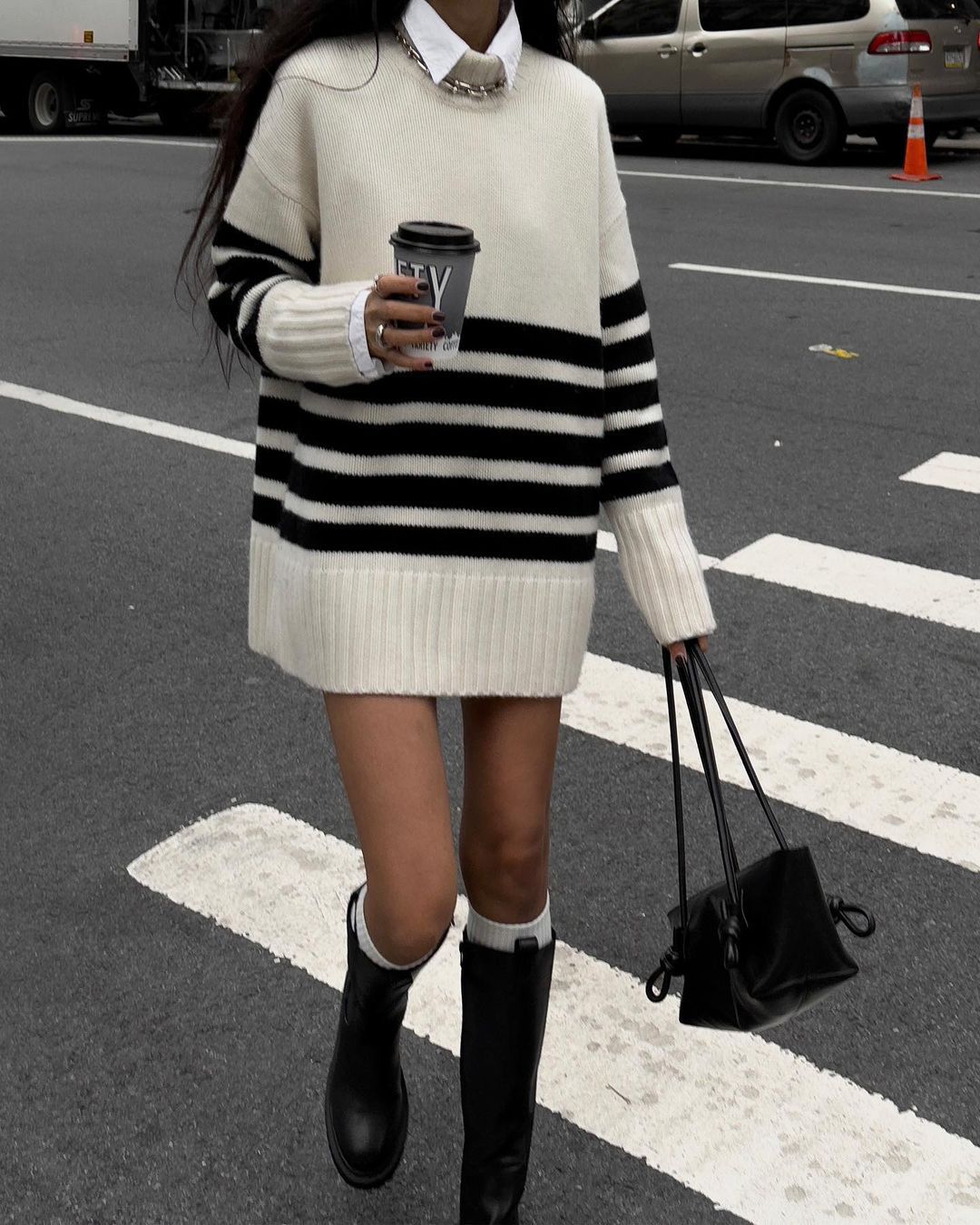 Women's Black And White Striped Turtleneck Sweater Mid-length Sweater