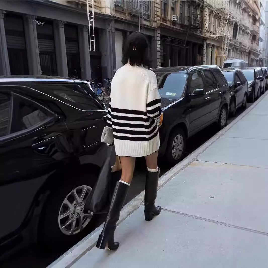 Women's Black And White Striped Turtleneck Sweater Mid-length Sweater