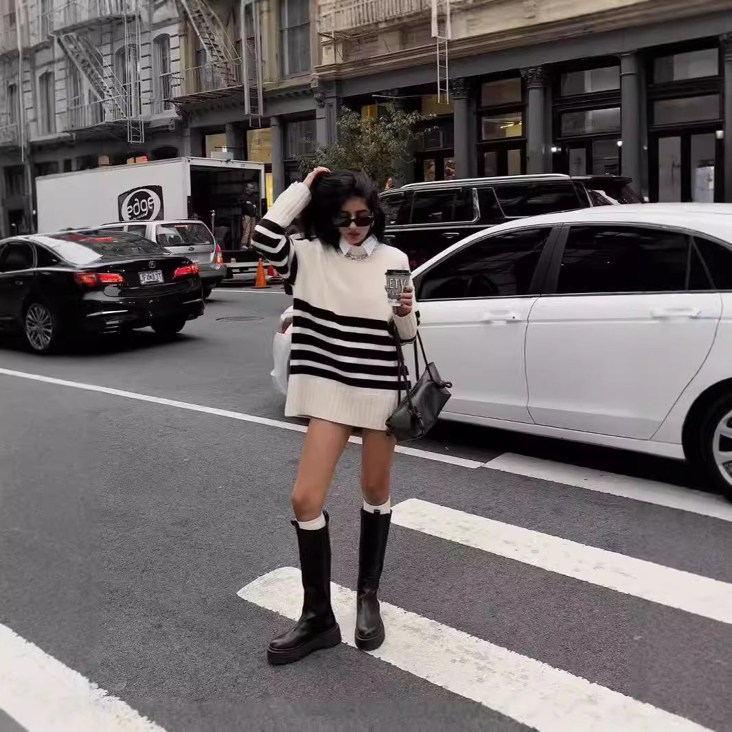 Women's Black And White Striped Turtleneck Sweater Mid-length Sweater