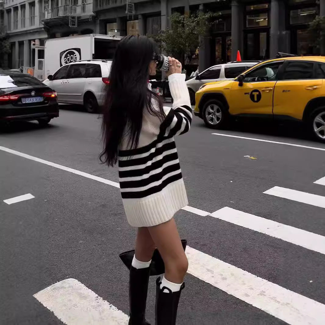 Women's Black And White Striped Turtleneck Sweater Mid-length Sweater