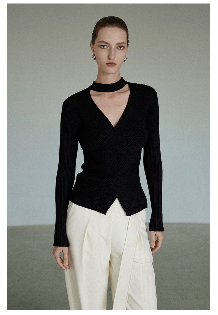 Women's Black V-neck Halterneck Sweater