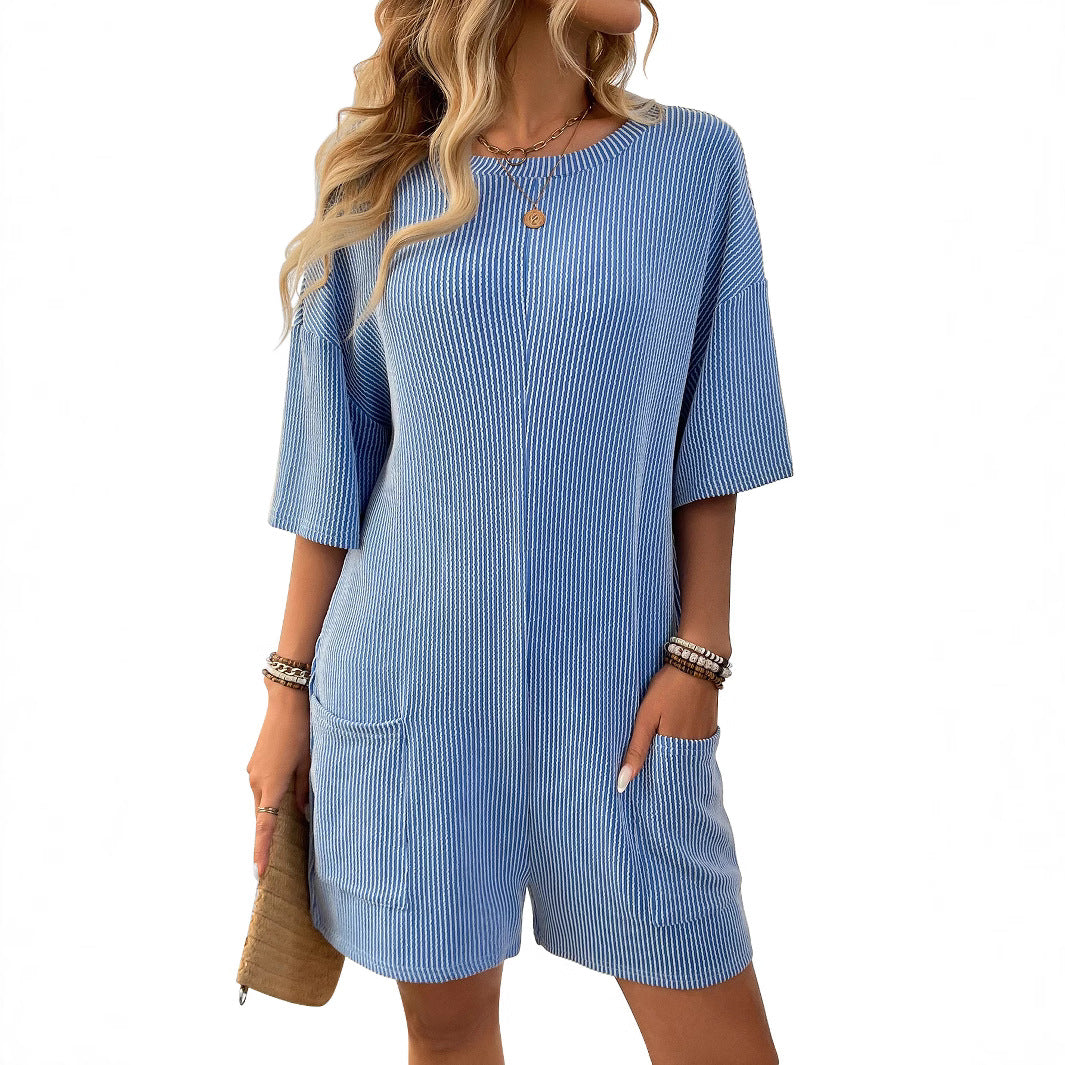 Women's Loose Pockets Back V-neck Short-sleeved Jumpsuit