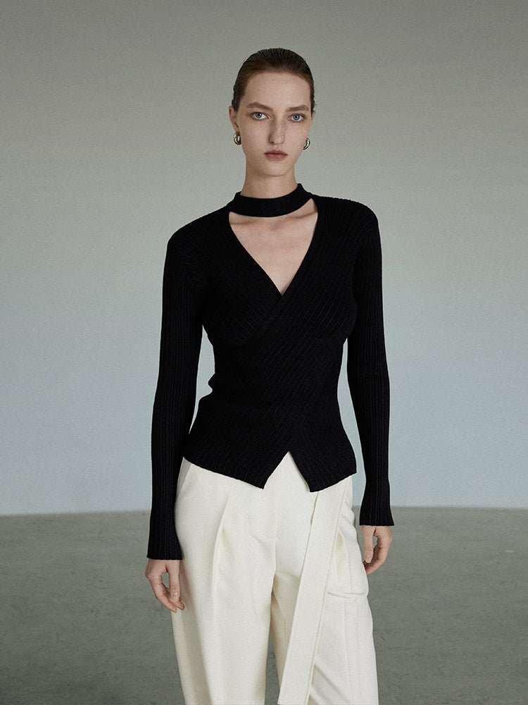 Women's Black V-neck Halterneck Sweater