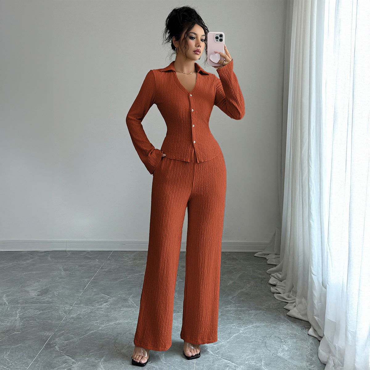 Button Down Wide-leg Pants Set