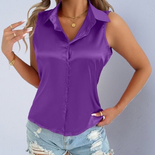 Satin Sleeveless Button-down Blouse