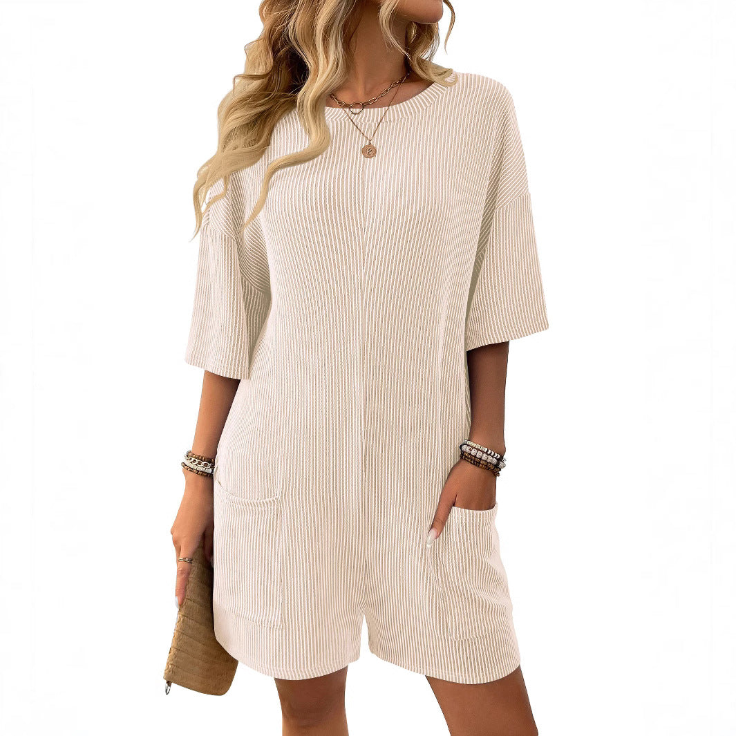 Women's Loose Pockets Back V-neck Short-sleeved Jumpsuit