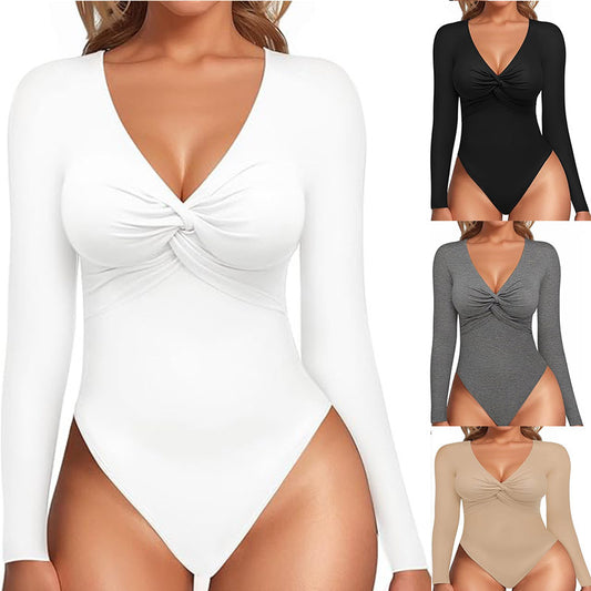 Deep V-neck Knot Slim-fit Long-sleeved Bottoming Women's Tight Jumpsuit